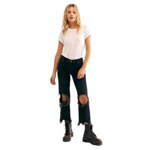 We The Free Maggie Jeans Sz 26 Distressed Black Mid Rise Straight Leg Grunge 90s